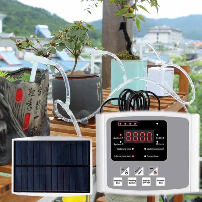Smart Garden System - 自動太陽エネルギー点滴灌漑装置 ダブルポンプ 調整可能なバルブコントローラー タイマーシステム インテリジェントガーデン散水