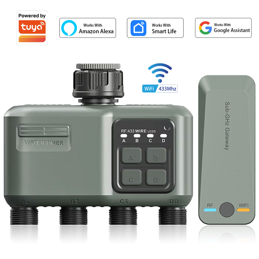Garden Camera - 4口プログラマブル水タイマー（ガーデンホース用）、雨天時遅延/自動散水システム付き、庭や芝生用のデジタル灌漑システム